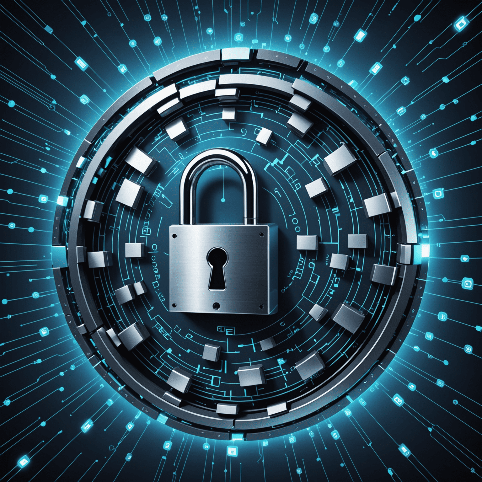 Imagen abstracta que representa la ciberseguridad con elementos digitales como candados, escudos y códigos binarios sobre un fondo azul tecnológico