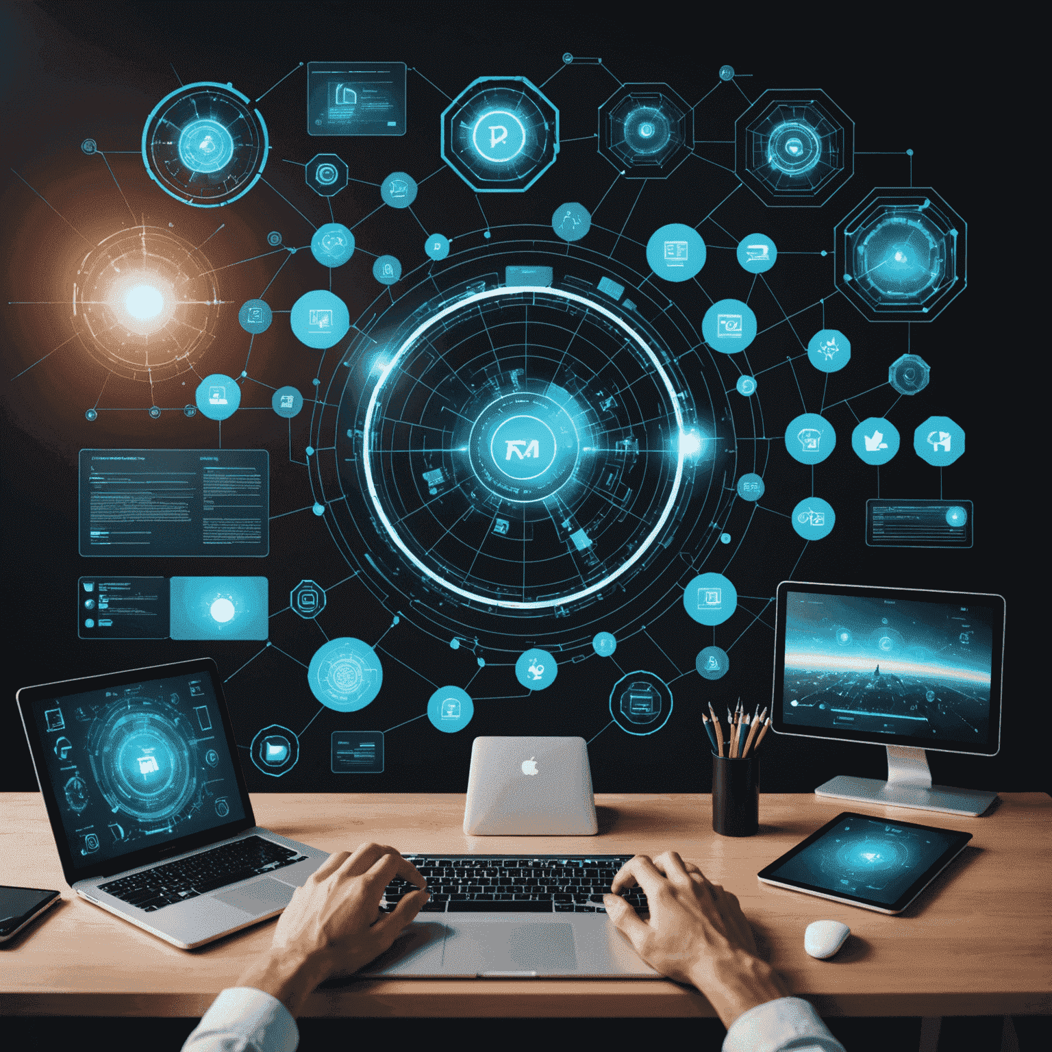 Collage de tecnologías web modernas mostrando interfaces de usuario futuristas, código de programación y dispositivos móviles