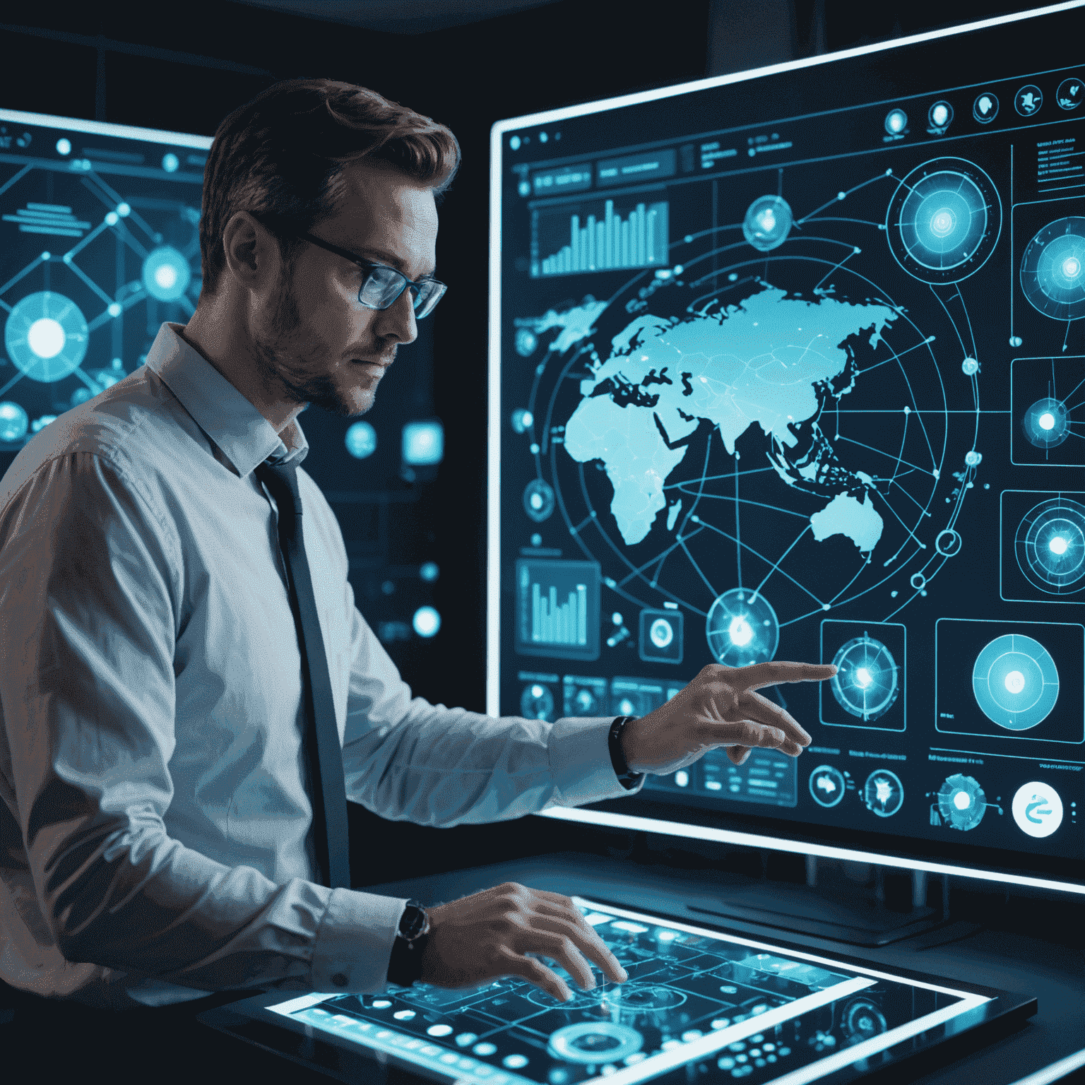 Imagen de un consultor tecnológico analizando gráficos y diagramas en una pantalla táctil futurista, rodeado de hologramas de componentes informáticos
