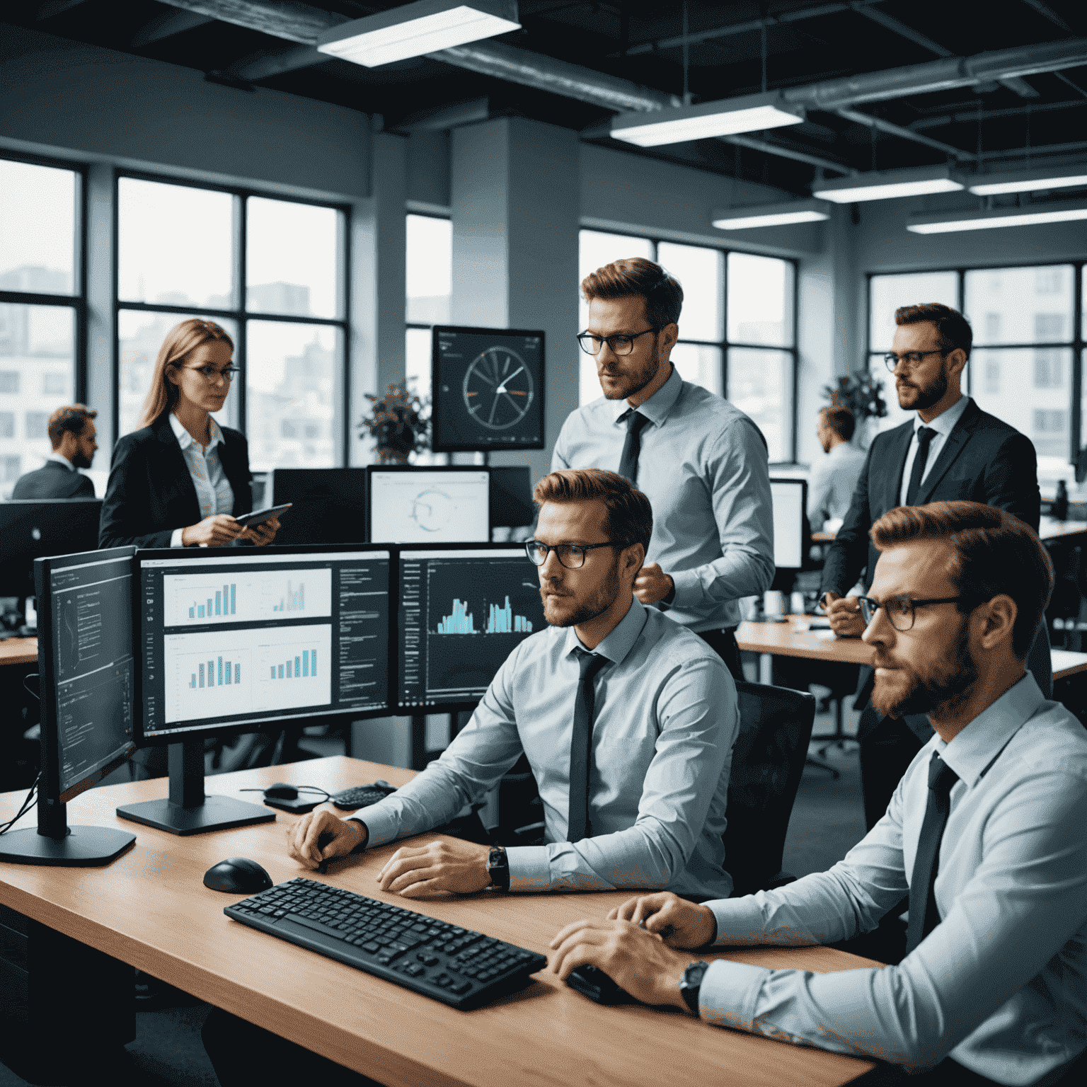 Equipo de consultores tecnológicos analizando datos en pantallas de ordenador y discutiendo estrategias de optimización de infraestructura IT en una oficina moderna