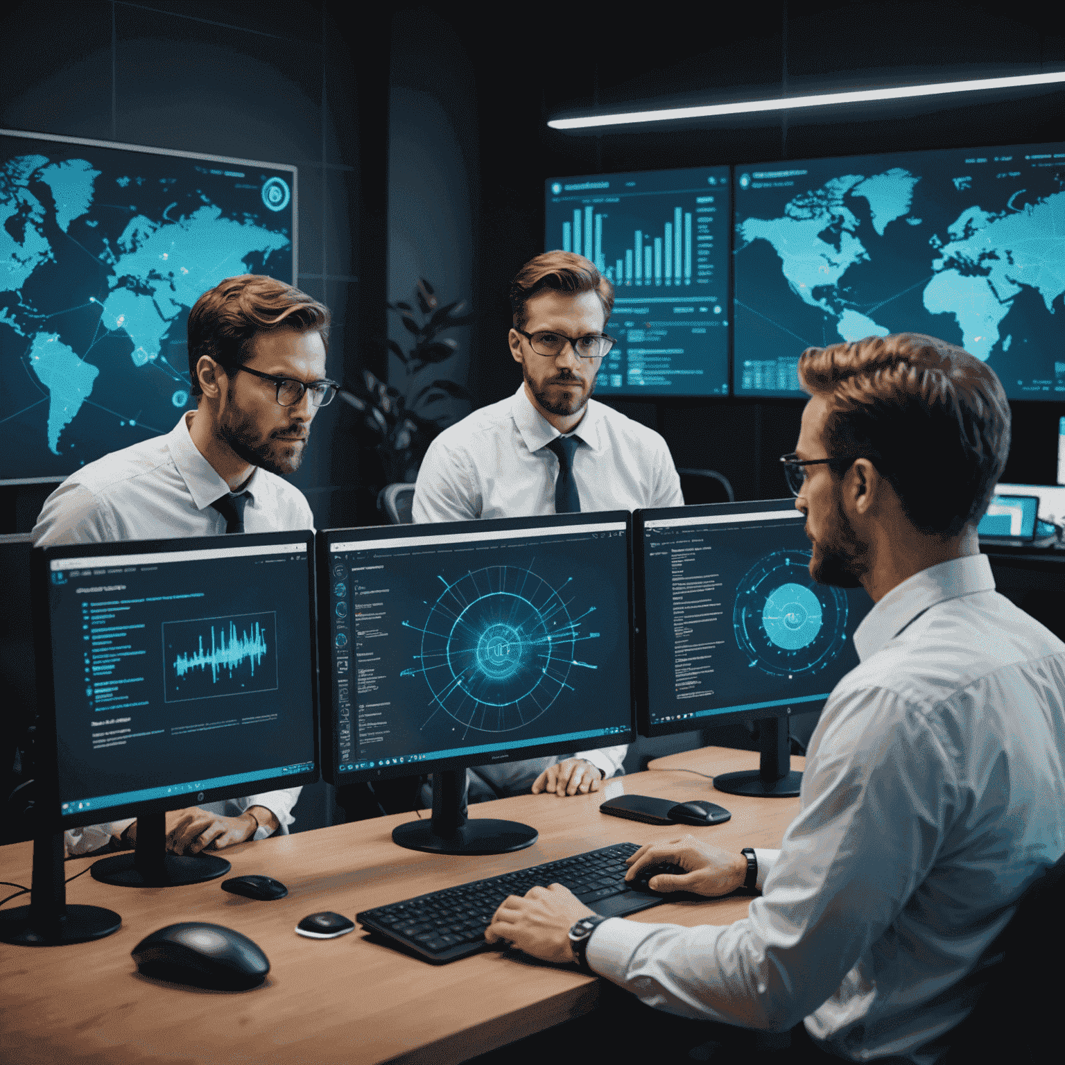 Equipo de expertos en ciberseguridad analizando datos en pantallas múltiples, utilizando herramientas avanzadas de detección de vulnerabilidades