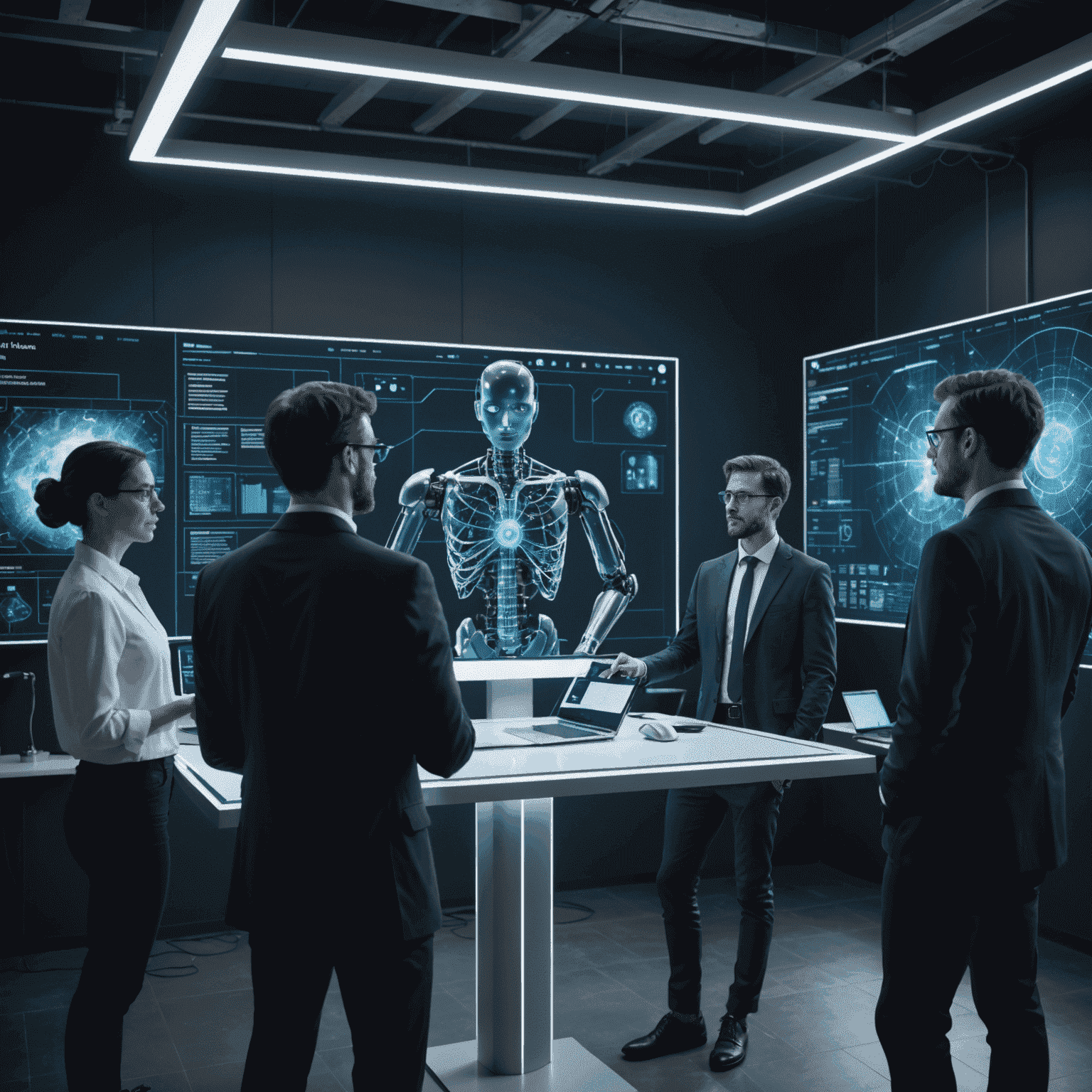 Grupo de profesionales analizando algoritmos de inteligencia artificial en una pantalla holográfica