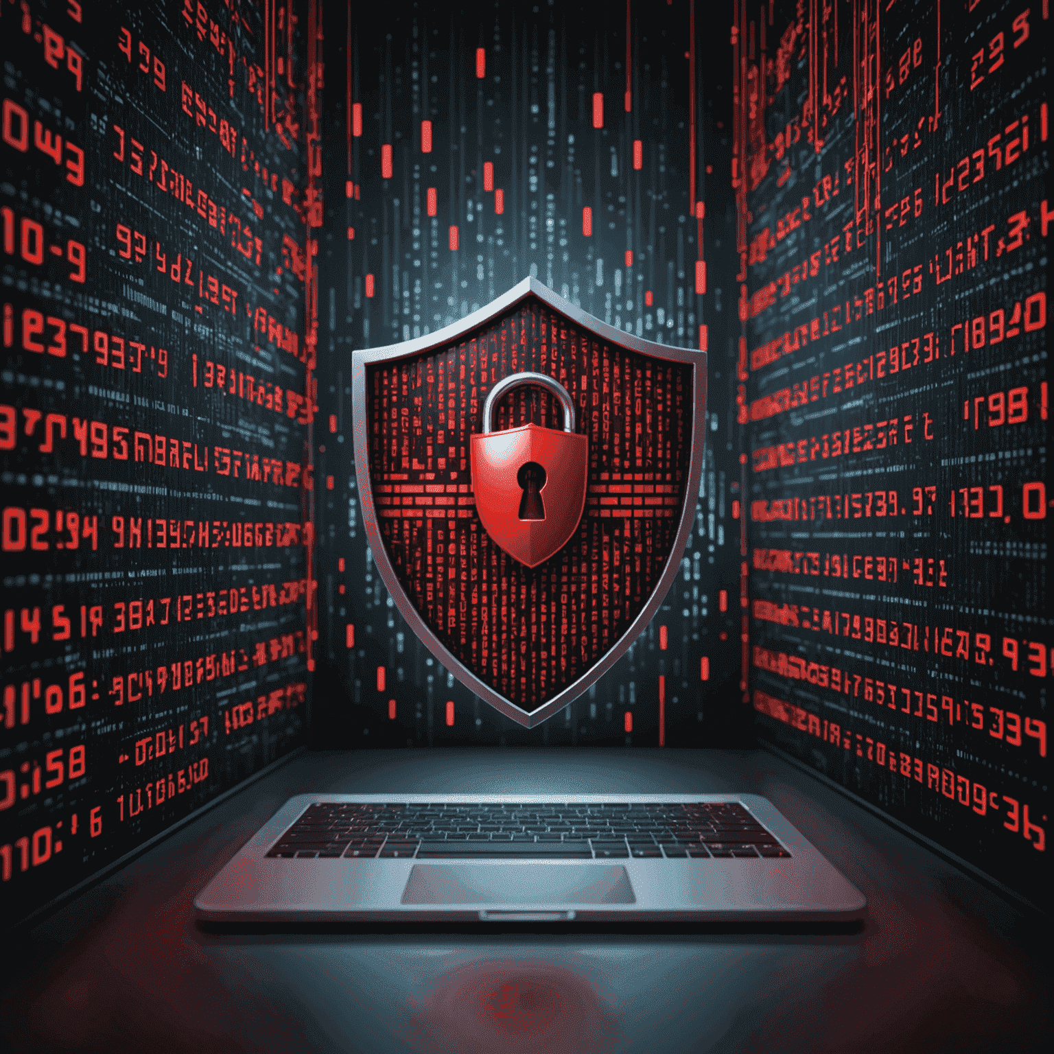 Imagen ilustrativa de ciberseguridad, mostrando un escudo digital protegiendo datos contra amenazas cibernéticas representadas por códigos binarios rojos