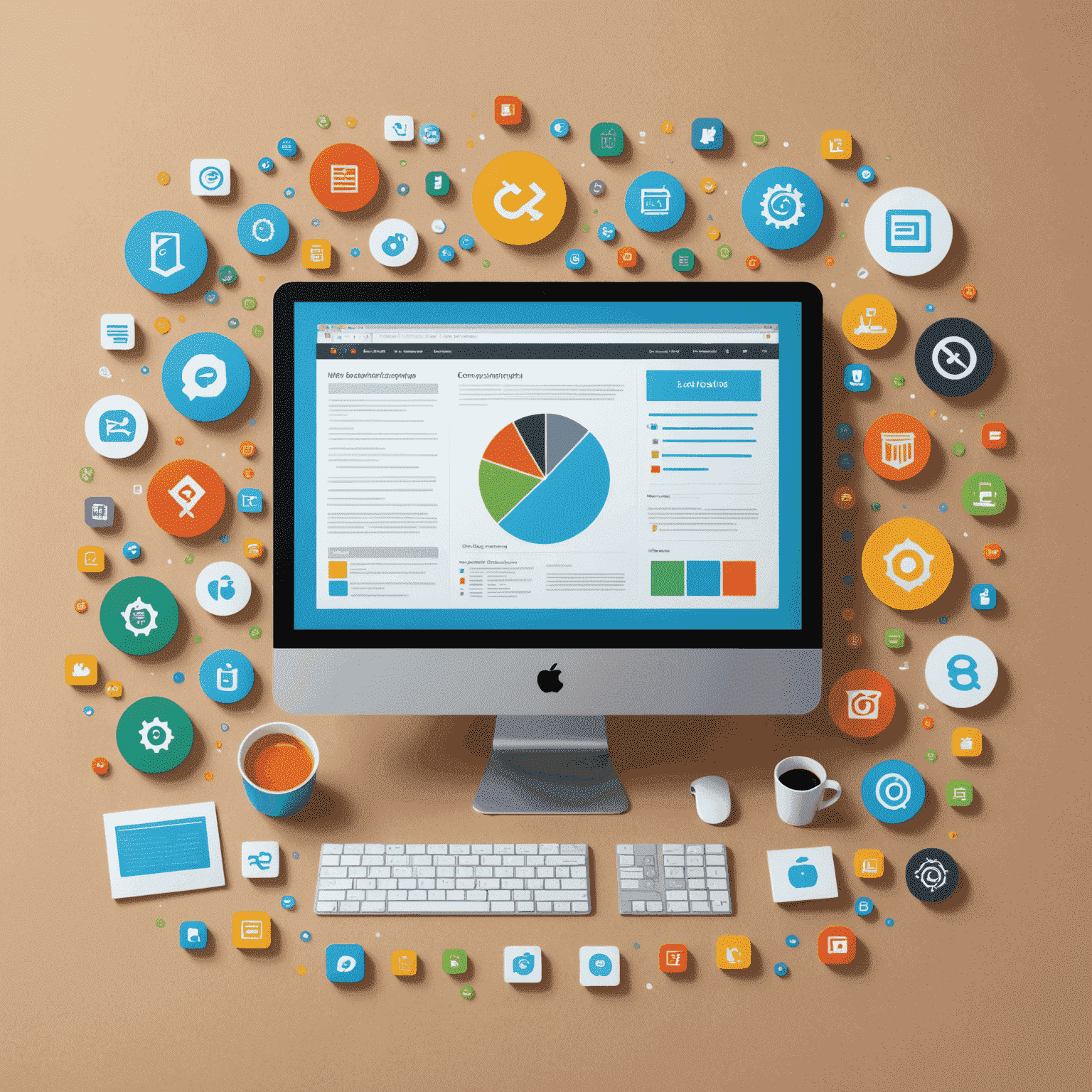 Imagen conceptual de desarrollo web, mostrando una pantalla de computadora con código HTML, CSS y JavaScript, rodeada de iconos de herramientas de desarrollo