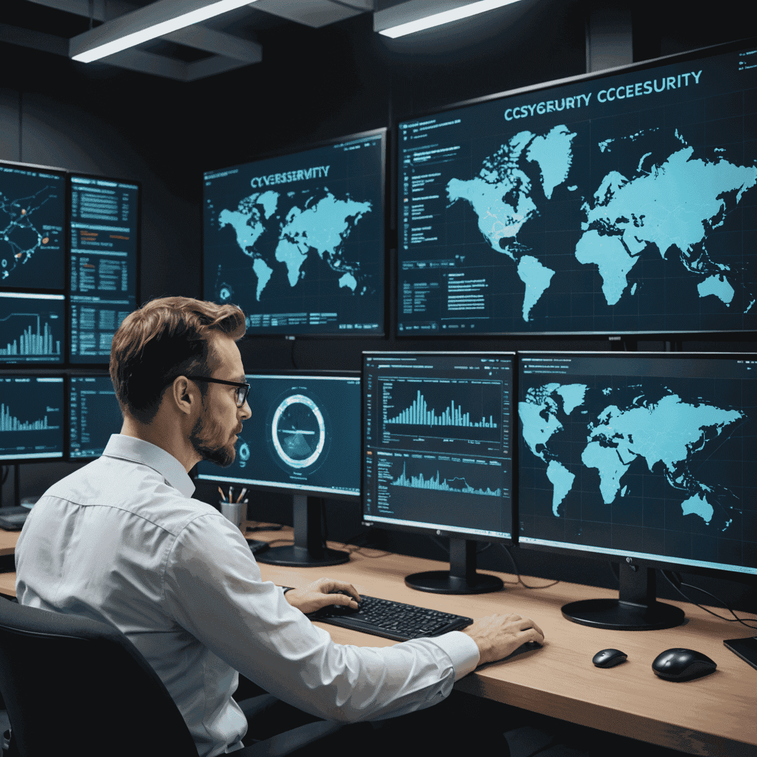 Experto en ciberseguridad realizando una auditoría, con pantallas mostrando análisis de vulnerabilidades y mapas de red