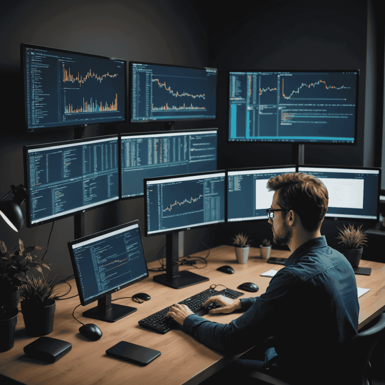 Desarrollador trabajando en un código complejo con múltiples pantallas