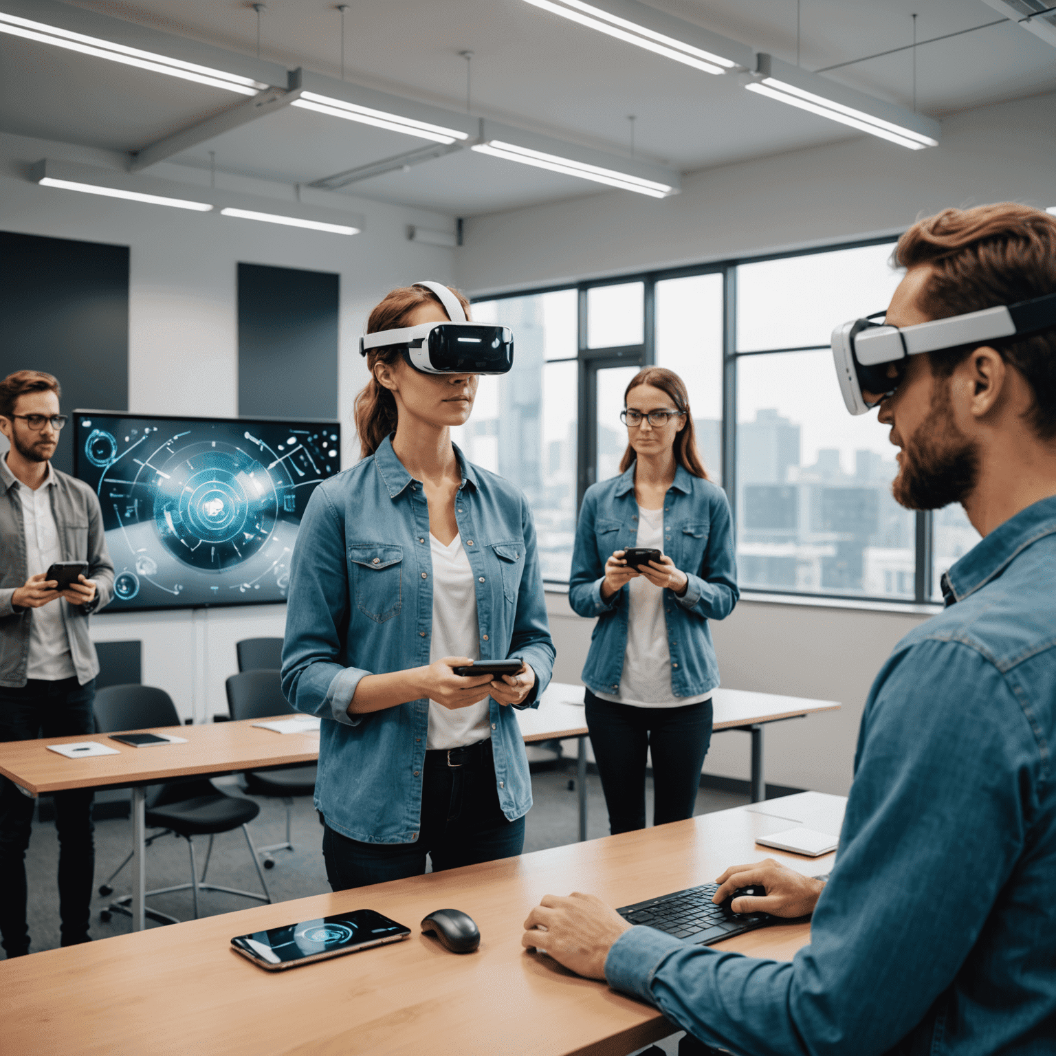 Sala de formación moderna con participantes utilizando dispositivos de realidad virtual y aumentada para aprender sobre tecnologías emergentes
